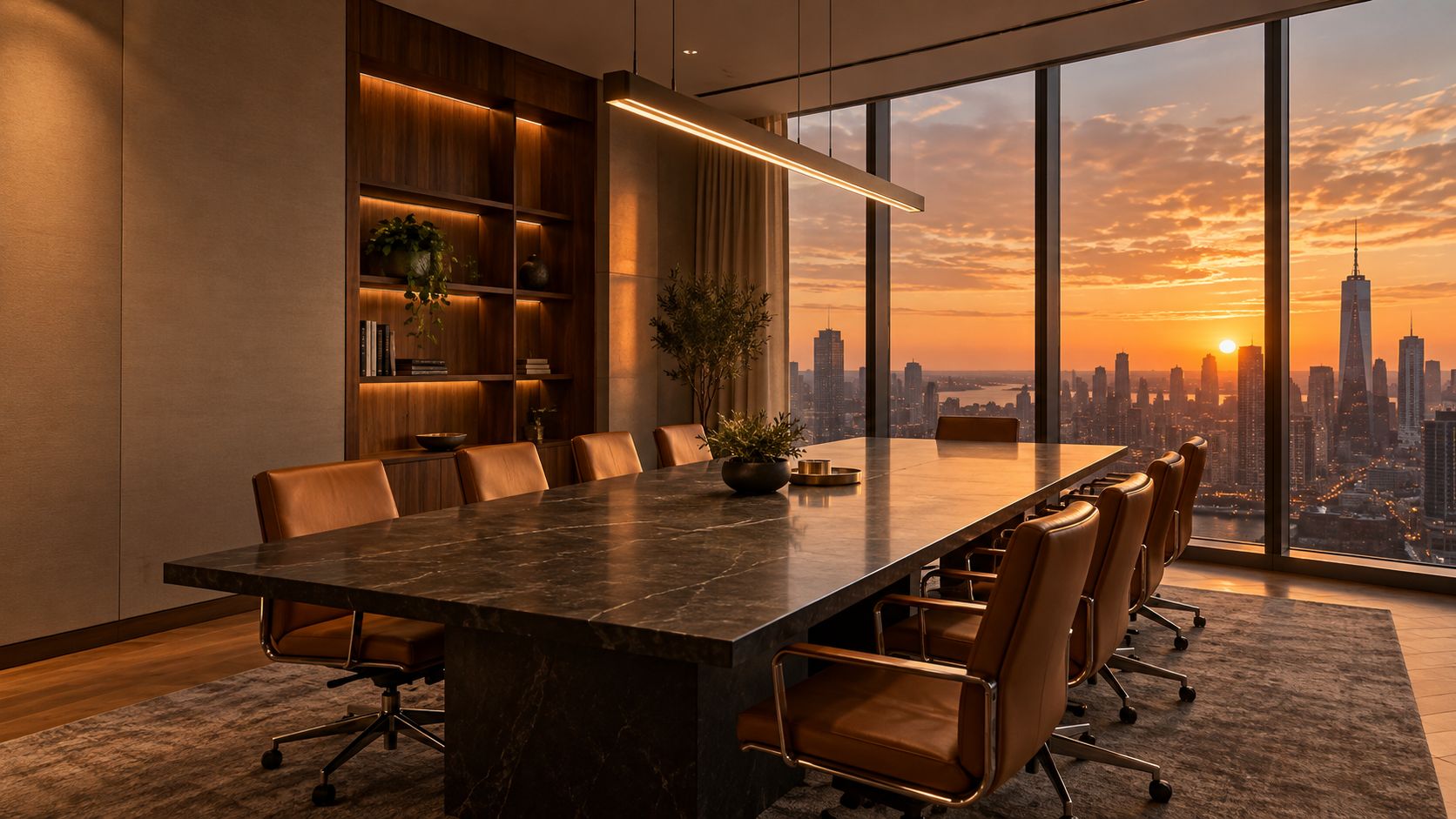 Empty executive boardroom with a stone table and leather chairs, city skyline at sunset through the windows