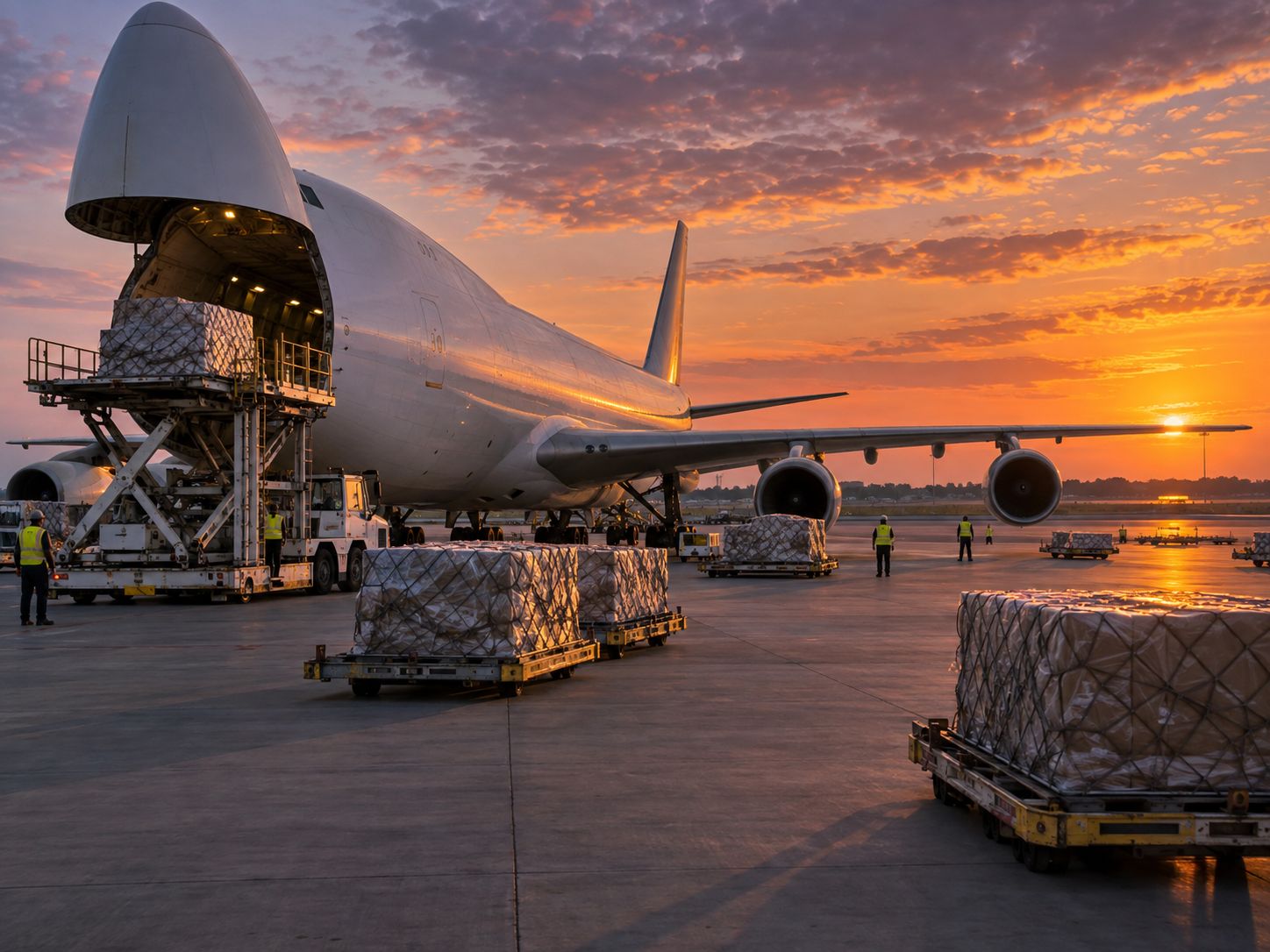 Freighter aircraft with its nose door open and palletised cargo on the apron at sunset