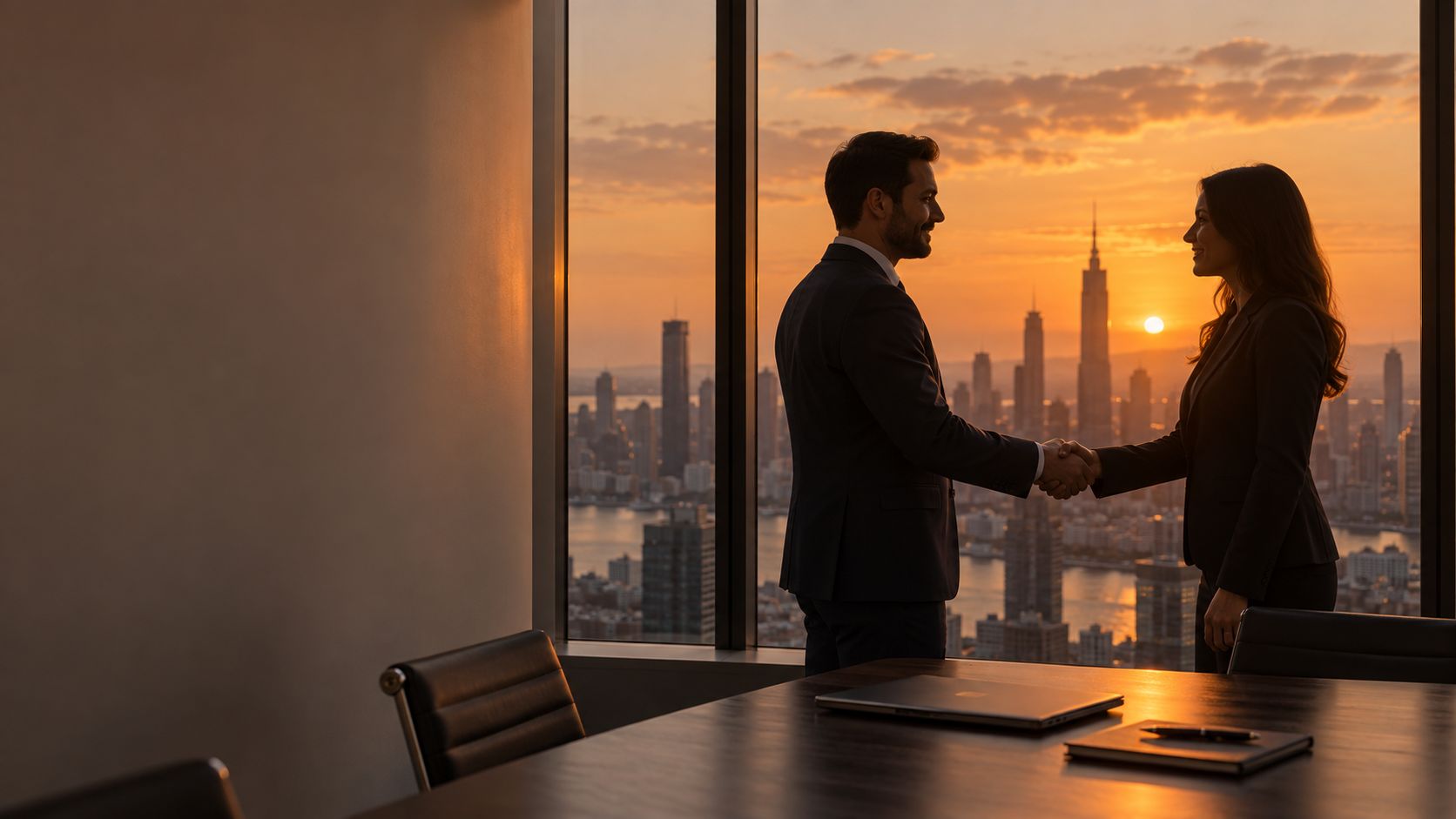 Two executives shaking hands by a window in a high-floor office at sunset