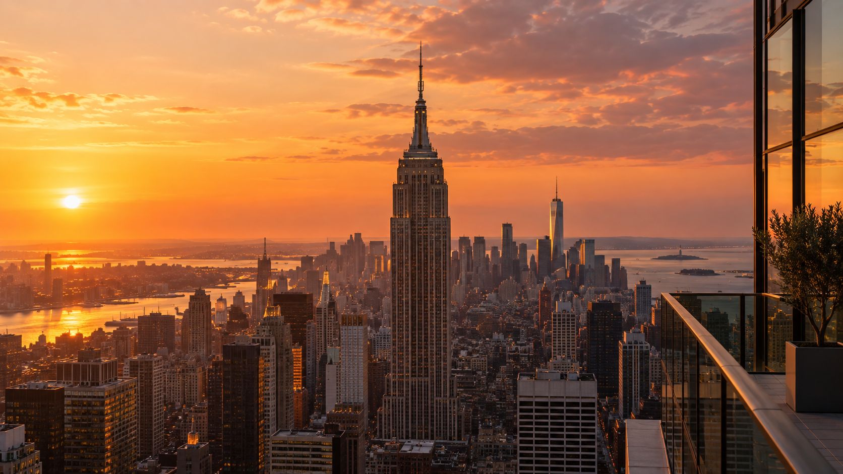 Manhattan skyline at sunset seen from a high office terrace