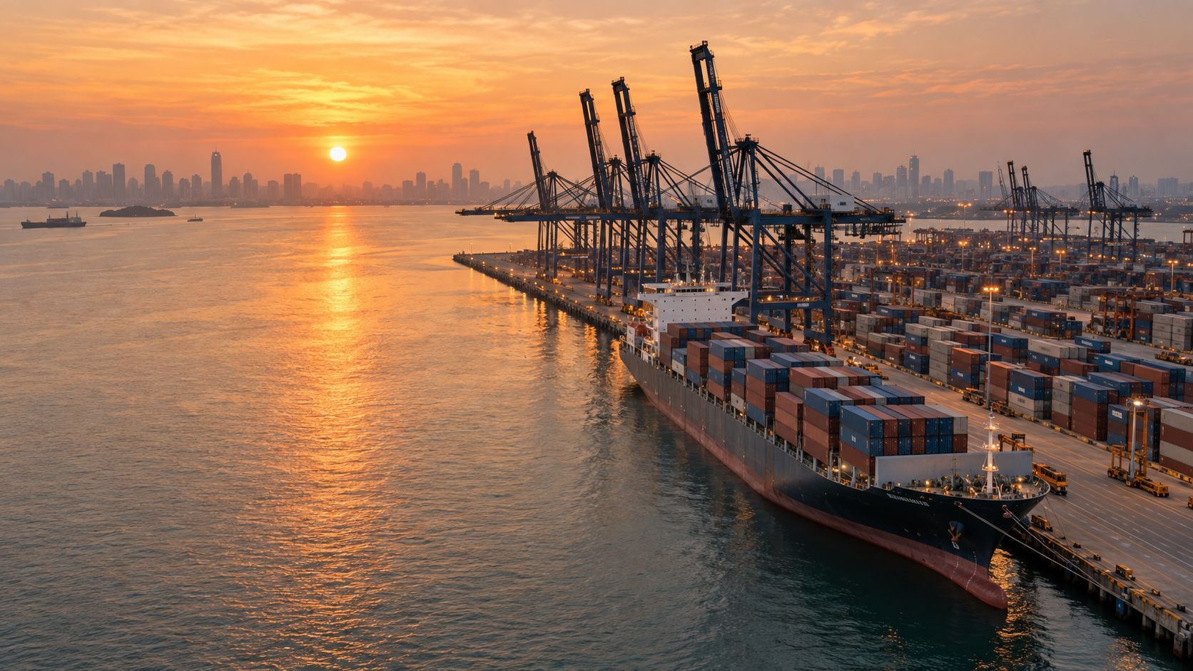 Container port with gantry cranes and a loaded ship at sunset